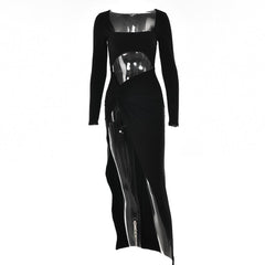 Long sleeve solid hollow out ruched slit knotted midi dress | red tango dress