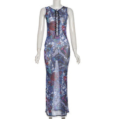 Sleeveless crewneck lace up print sheer mesh maxi dress | samba dress