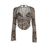 Leopard print halter long sleeve hollow out top