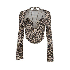 Leopard print halter long sleeve hollow out top