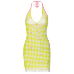 Sheer mesh plaid contrast print halter ruffle backless mini dress | samba dress