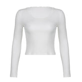 Textured lace hem solid long sleeve u neck top