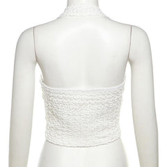Halter v neck backless textured solid crop top