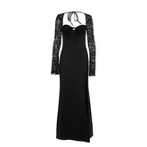 Sweetheart neck long sleeve self tie slit maxi dress
