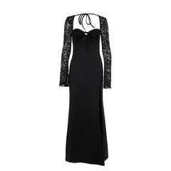 Sweetheart neck long sleeve self tie slit maxi dress