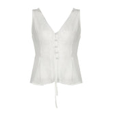 V neck button lace hem solid tank top