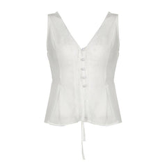 V neck button lace hem solid tank top
