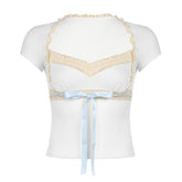 Short sleeve ribbon lace hem bowknot top