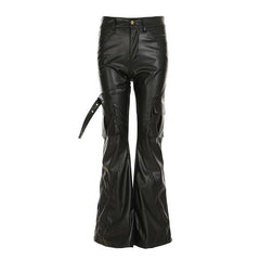 PU leather buckle pocket high rise pant