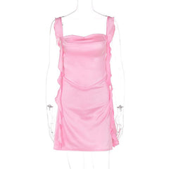 Cowl neck ruffle satin ruched cami mini dress