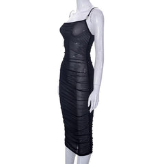 Sheer mesh see through one shoulder ruched irregular midi dress | samba dress