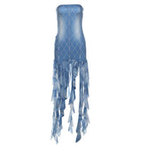 Plaid print tassels backless contrast tube mini dress
