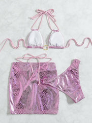 Snakeskin metallic halter o ring self tie mini skirt 3 piece swimwear