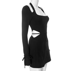 Long flared sleeve halter square neck hollow out mini dress
