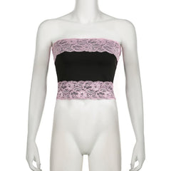 Lace patchwork contrast backless tube top