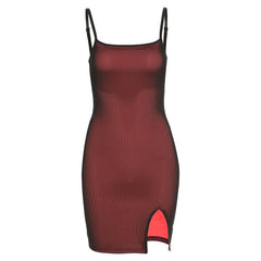 Mesh slit square neck irregular backless cami mini dress