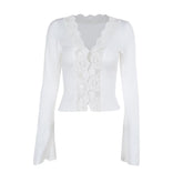 Long sleeve v neck lace hem button top