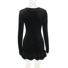 Long sleeve crewneck velvet ruffle mini dress