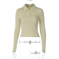 Turnover collar long sleeve button top