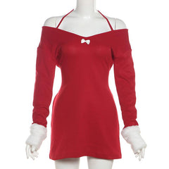 Halter long sleeve off shoulder fluffy mini dress