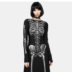 Long sleeve slit human skeleton print maxi dress
