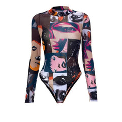 Sheer mesh see through abstract print long sleeve contrast bodysuit