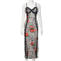 Leopard print sweetheart neck lace hem slit cami maxi dress