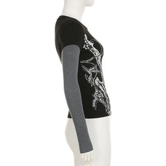 Long sleeve crewneck abstract print patchwork top
