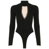 High neck long sleeve mesh patchwork bodysuit
