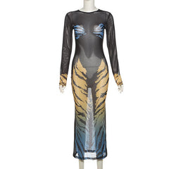 Long sleeve tiger print crewneck sheer mesh midi dress | samba dress