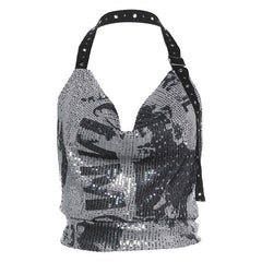 Halter cowl neck glitter buckle print top