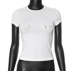 Short sleeve butterfly embroidery crop top