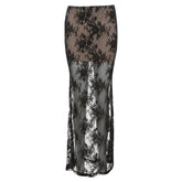 Lace mesh patchwork maxi skirt