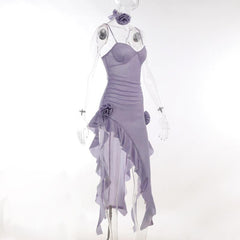 Sweetheart neck ruffle flower applique slit cami midi dress
