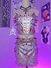 Rivet metallic applique metal chain tube mini skirt set