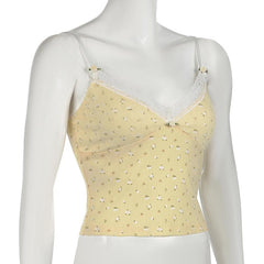Flower applique v neck print lace hem textured cami top
