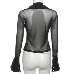 Turnover collar long sleeve mesh self tie top