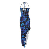 Lace up halter flower pattern irregular ruffle contrast maxi dress