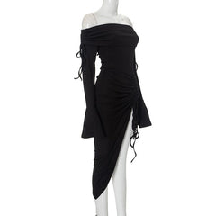 Flared sleeve off shoulder slit ruched self tie midi dress