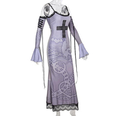 Long flared sleeve off shoulder cross print lace cami maxi dress