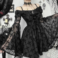 Long flared sleeve off shoulder cross applique mini dress | black rave dress