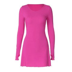 Ribbed solid long sleeve gloves lace up ruffle mini dress | red tango dress