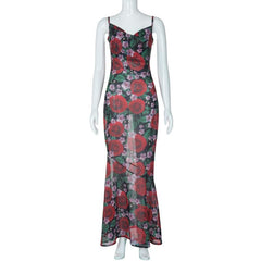 Cowl neck flower print zip-up contrast backless cami maxi dress | red tango dress