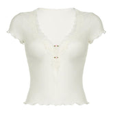 Short sleeve v neck ruffle lace hem ribbed top