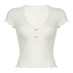 Short sleeve v neck ruffle lace hem ribbed top