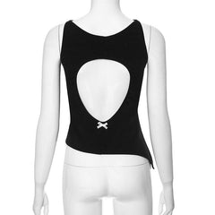 Hollow out bowknot irregular crewneck cut out top