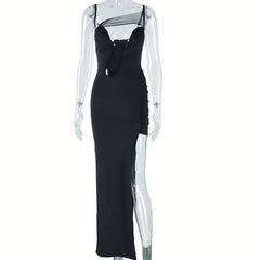 Irregular high slit ruched mesh hollow out cami maxi dress