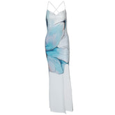 Print cowl neck slit cross back cami maxi dress