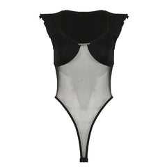 Mesh ruffle v neck metal tag bodysuit