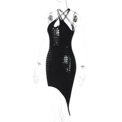 Hollow out solid irregular cross front backless mini dress | black rave dress | black rave dress